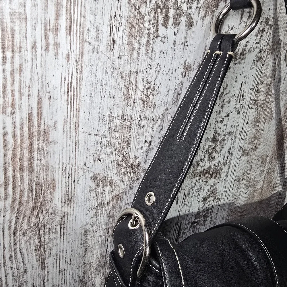 Vtg Y2k COACH #3653 Soho Flap Buckle Double Pocket W Black Leather Shoulder Bag - Picture 7 of 16